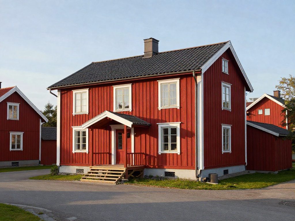 Rött trähus med vita knutar i ett lugnt bostadsområde
