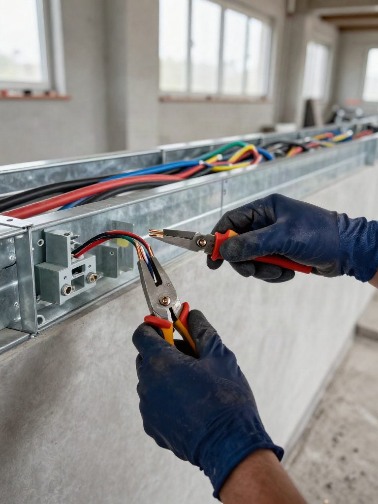 Elektriker drar ledningar i en installationskanal